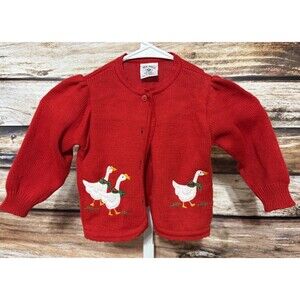 Vintage Toddler Girls Red Sweater Geese 24M Acrylic Cottage Core Embroidered